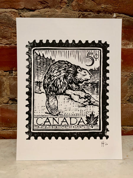 Beaver Stamp Linocut Print